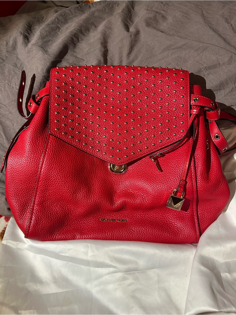 Michael Kors Red Pebbled Leather Studded Flap Backpack